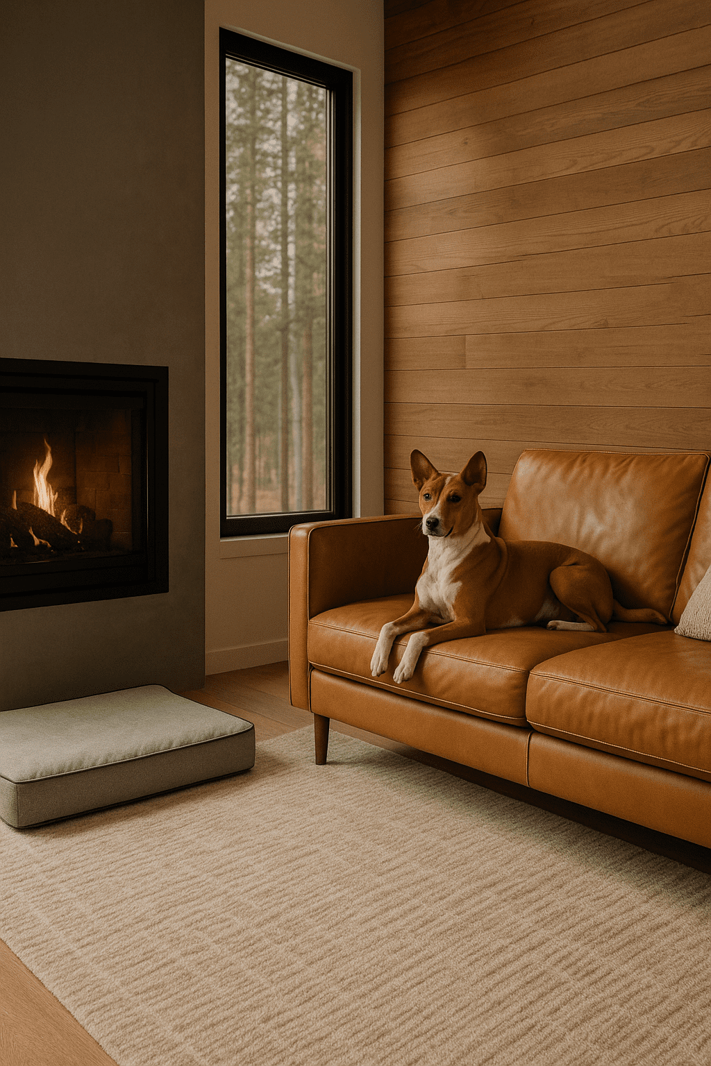 Basenji lounging on a leather sofa beside a modern fireplace in a luxury Airbnb with wood panel walls.