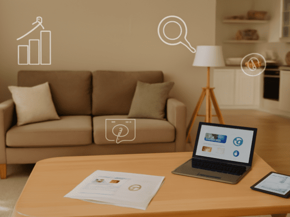 Bright Airbnb living room with a laptop and tablet on the coffee table, showcasing marketing icons and sleek design elements.