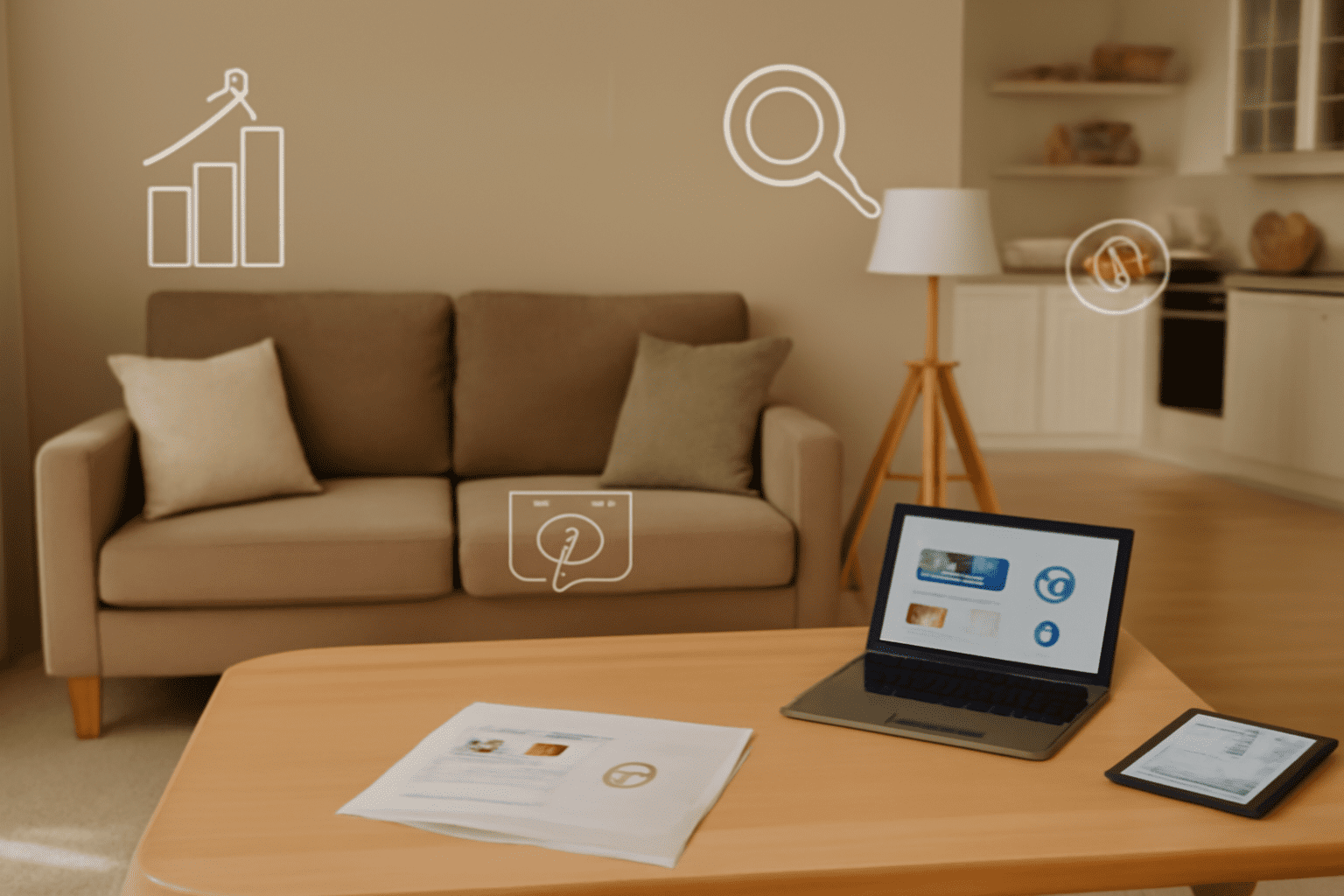 Bright Airbnb living room with a laptop and tablet on the coffee table, showcasing marketing icons and sleek design elements.