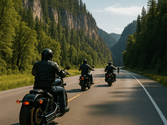 Group of Harley-style motorcycles riding through Spearfish Canyon during Sturgis Rally week, surrounded by cliffs and dense pine forests.