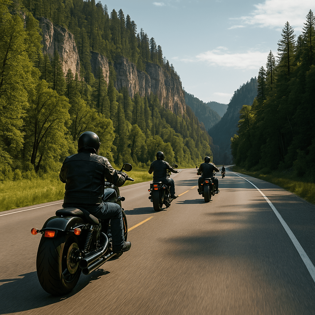 Group of Harley-style motorcycles riding through Spearfish Canyon during Sturgis Rally week, surrounded by cliffs and dense pine forests.