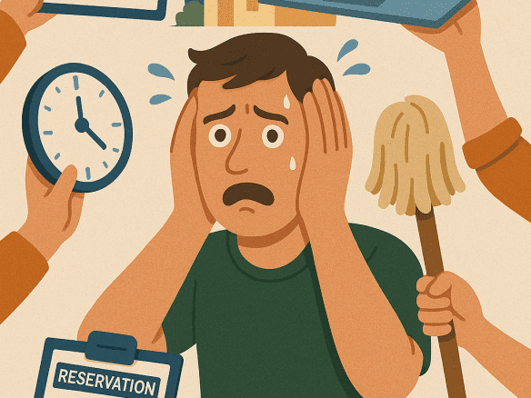 Stressed Airbnb owner overwhelmed by cleaning, guest communication, and booking management tasks