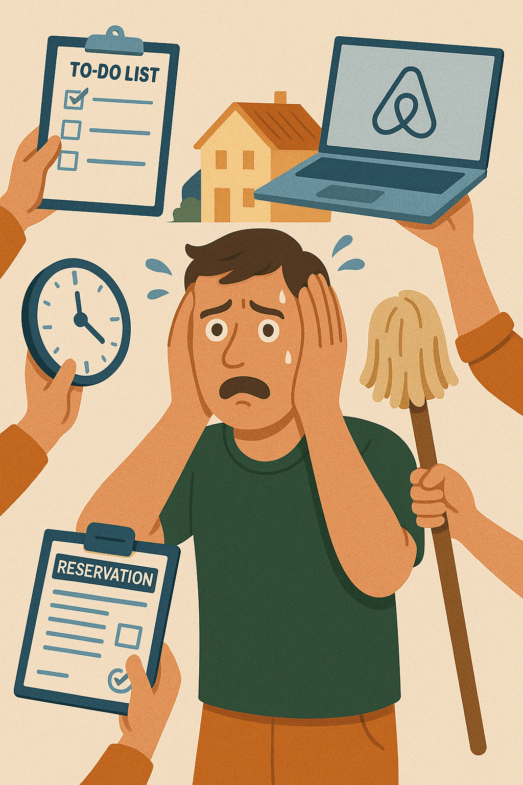 Stressed Airbnb owner overwhelmed by cleaning, guest communication, and booking management tasks
