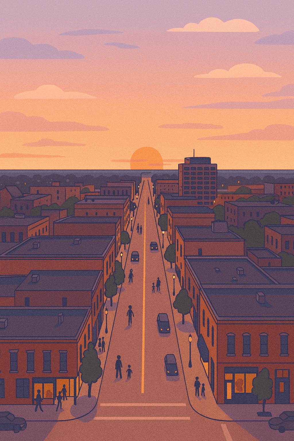 Illustrated aerial view of downtown Sioux Falls looking down Phillips Avenue at sunset, featuring brick buildings, tree-lined sidewalks, and pedestrians under warm evening light