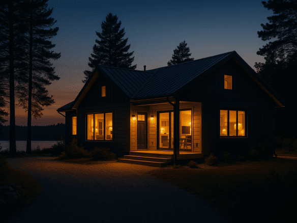 Modern lake cabin with warm lighting symbolizing STR-ready property