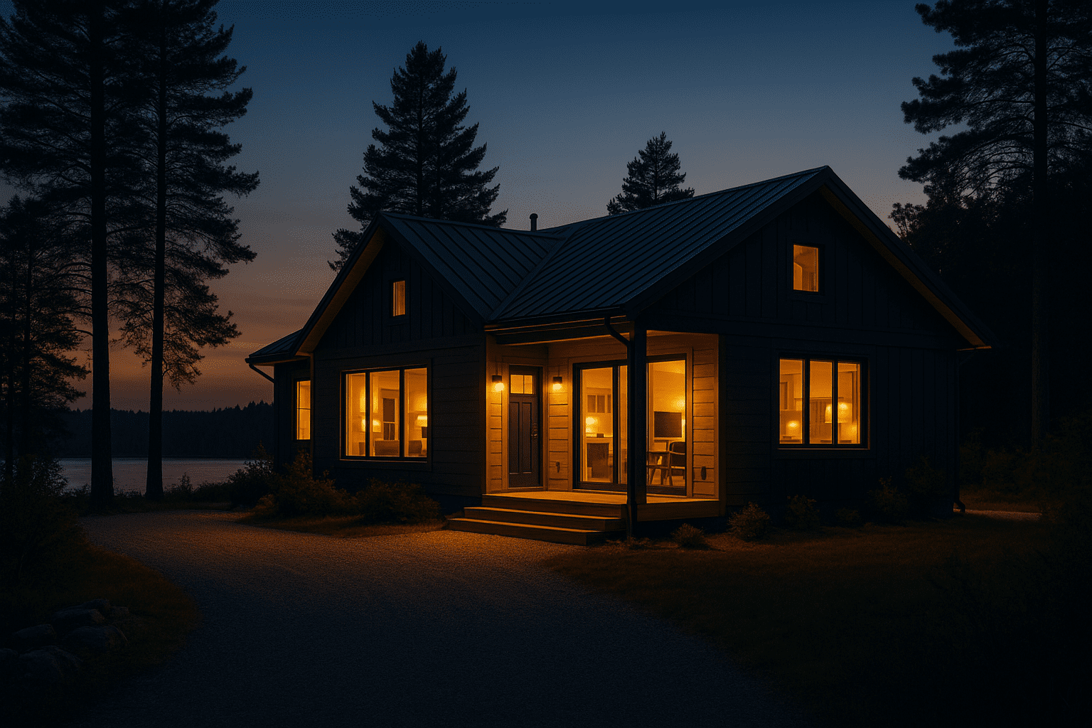 Modern lake cabin with warm lighting symbolizing STR-ready property