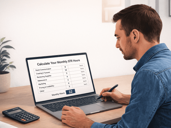 Owner calculating monthly hours spent managing their Airbnb, displayed through a clean, modern STR time-audit interface