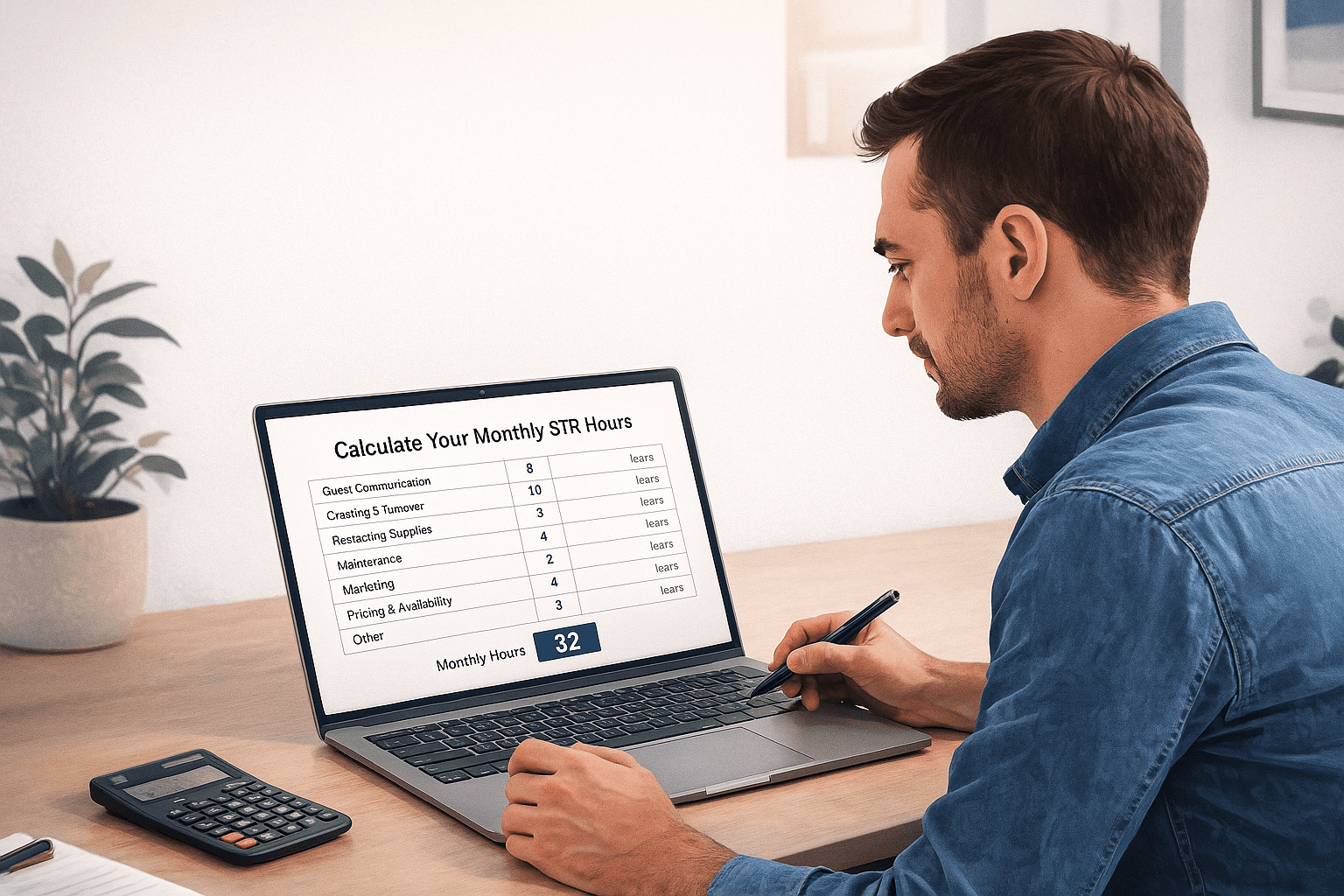 Owner calculating monthly hours spent managing their Airbnb, displayed through a clean, modern STR time-audit interface