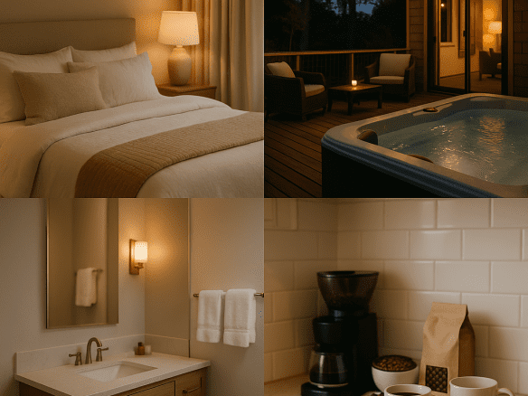 Luxury short-term rental interior featuring cozy bedroom, spa bathroom, outdoor deck with hot tub, and coffee station