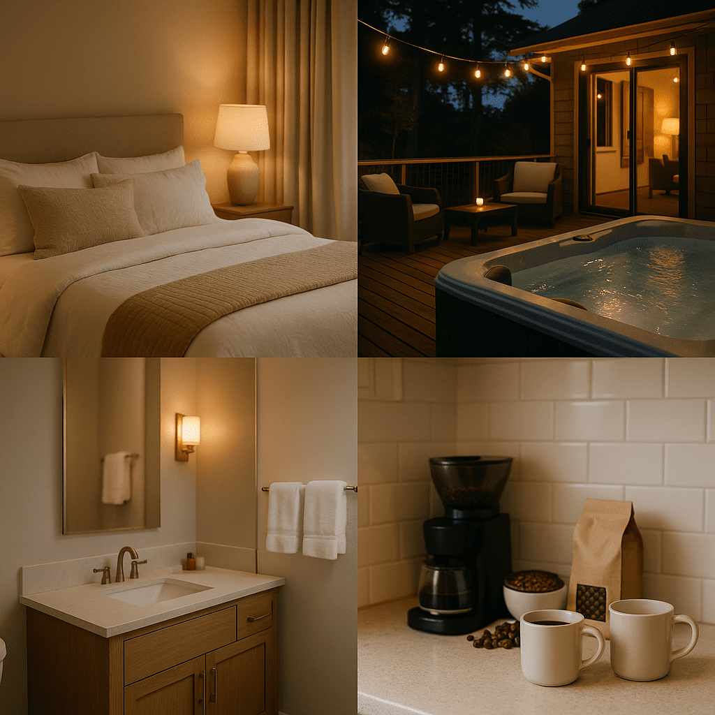 Luxury short-term rental interior featuring cozy bedroom, spa bathroom, outdoor deck with hot tub, and coffee station