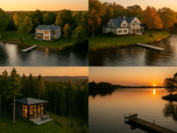 Aerial view of luxury cabins and lakefront homes across the Midwest, surrounded by forests and soft sunset light.