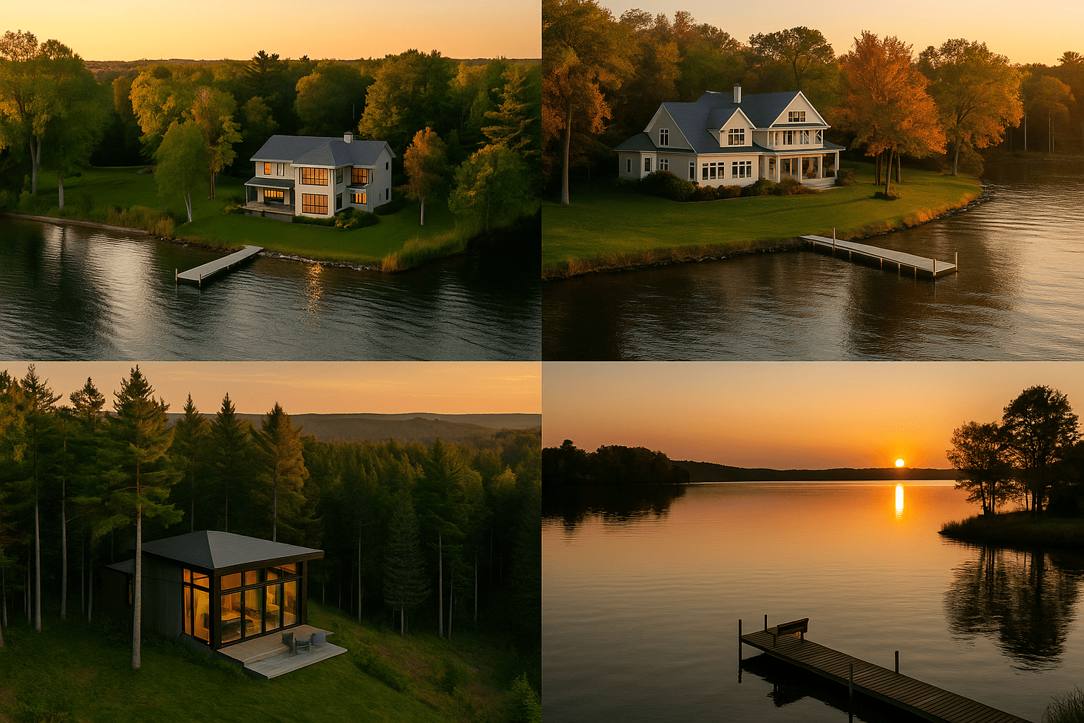 Aerial view of luxury cabins and lakefront homes across the Midwest, surrounded by forests and soft sunset light.