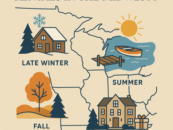 Illustrated map showing seasonal demand for luxury Airbnb rentals in the Midwest — including lake summers, fall foliage, snowy lodges, and holiday retreats.
