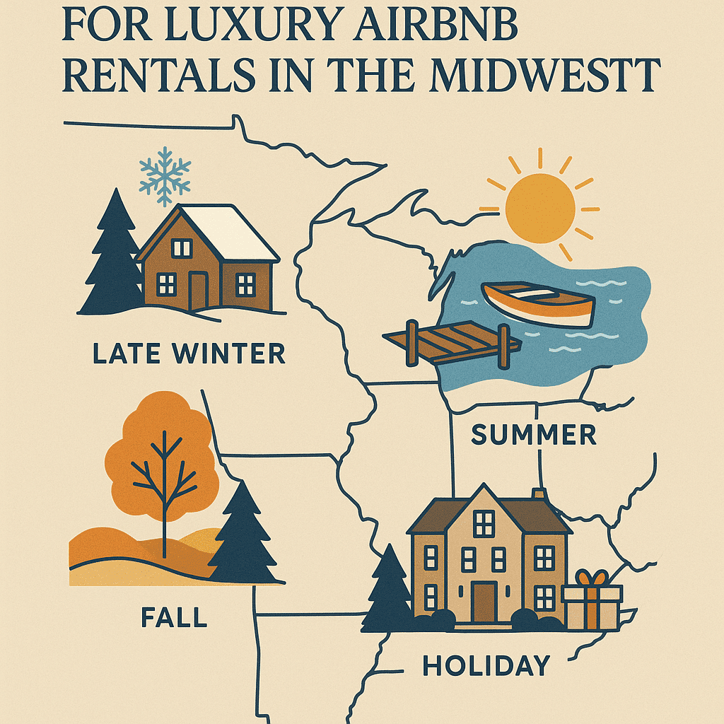Illustrated map showing seasonal demand for luxury Airbnb rentals in the Midwest — including lake summers, fall foliage, snowy lodges, and holiday retreats.