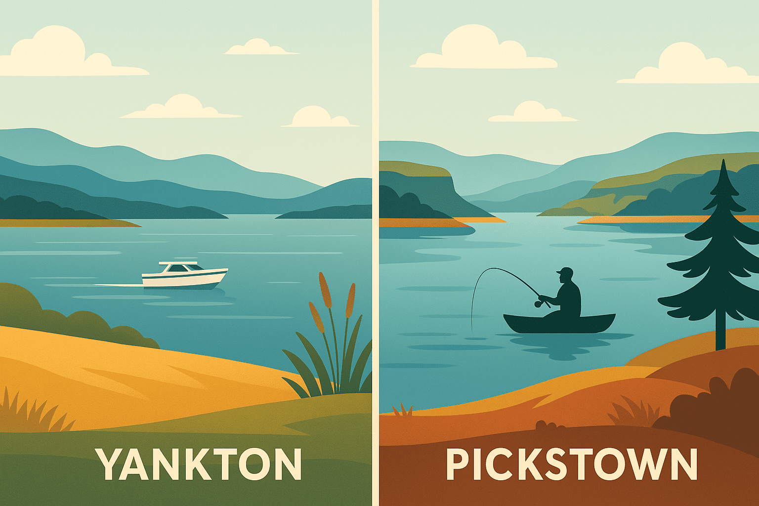 Illustrated comparison of Yankton and Pickstown lake regions, showing Yankton with a boat on calm water and Pickstown with an angler fishing, representing differences between the two lake markets.
