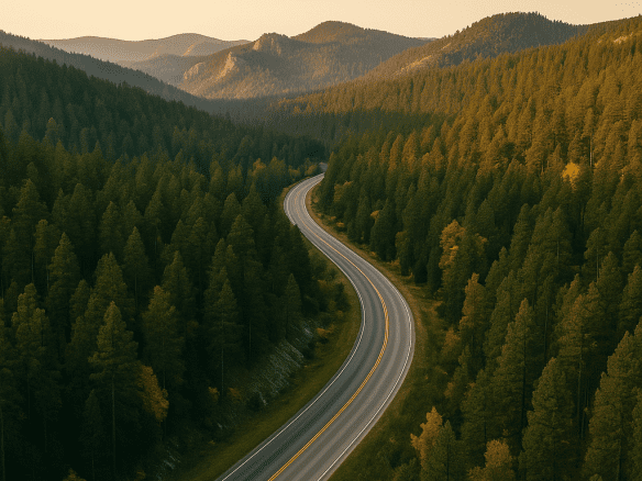 Aerial view of a winding highway through dense pine forests in the Black Hills at golden hour, showcasing the region’s natural beauty and drive-to appeal.