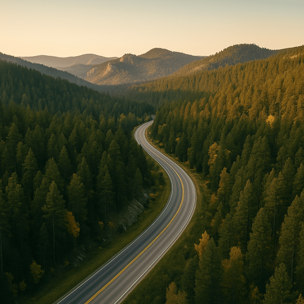 Aerial view of a winding highway through dense pine forests in the Black Hills at golden hour, showcasing the region’s natural beauty and drive-to appeal.