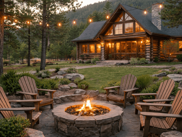 A Black Hills short term rental cabin with an outdoor fire pit, Adirondack chairs, and a wooded mountain setting at dusk.