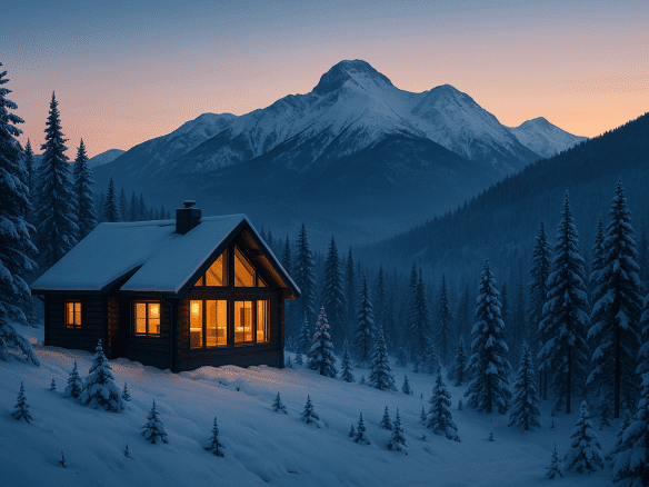 A modern cabin glowing warmly in a snowy Black Hills mountain landscape at dusk, surrounded by pine trees and winter scenery.