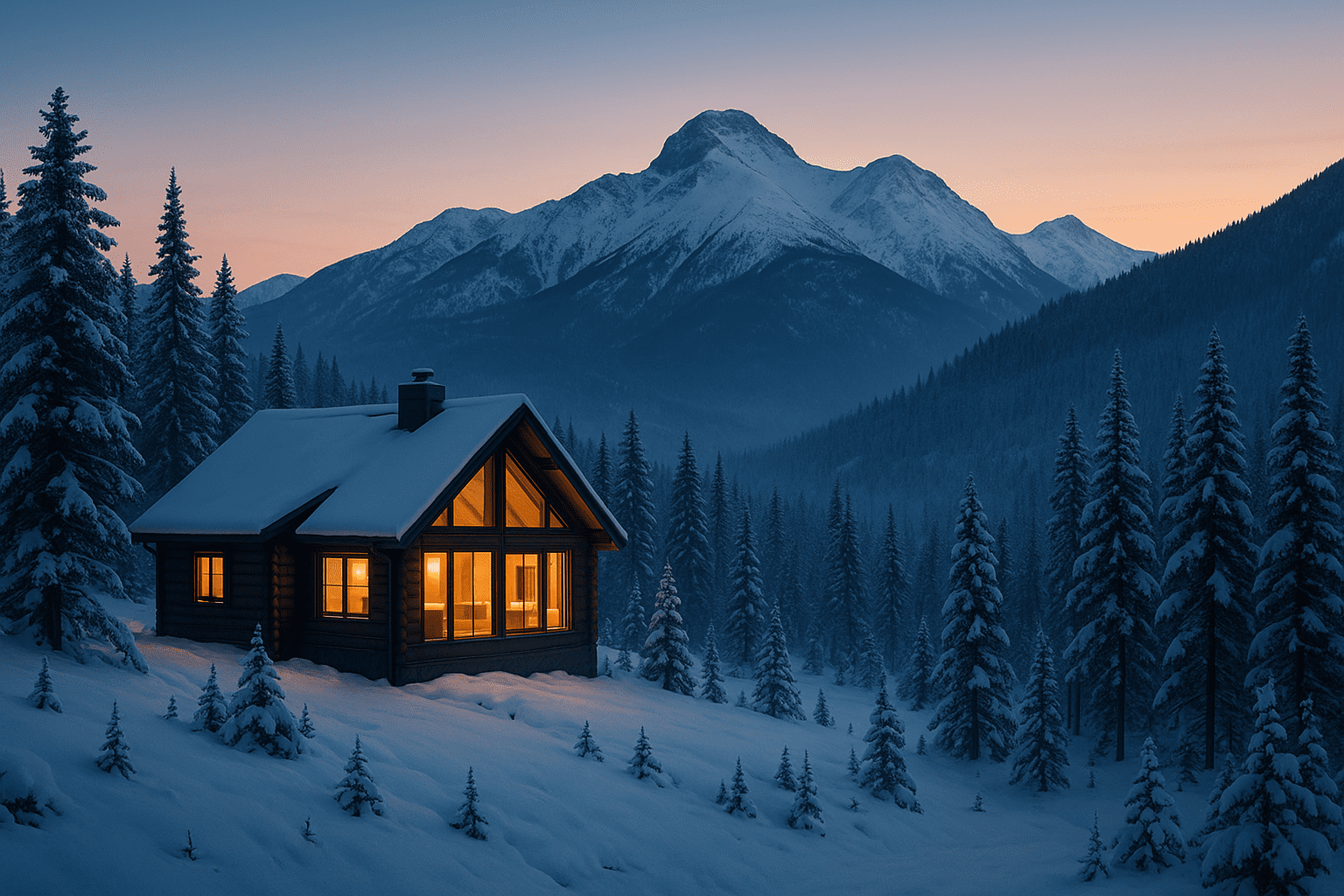 A modern cabin glowing warmly in a snowy Black Hills mountain landscape at dusk, surrounded by pine trees and winter scenery.