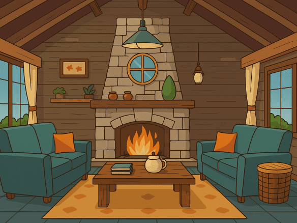 Illustrated cozy cabin living room with stone fireplace, vaulted wood beams, teal sofas, and warm natural light.