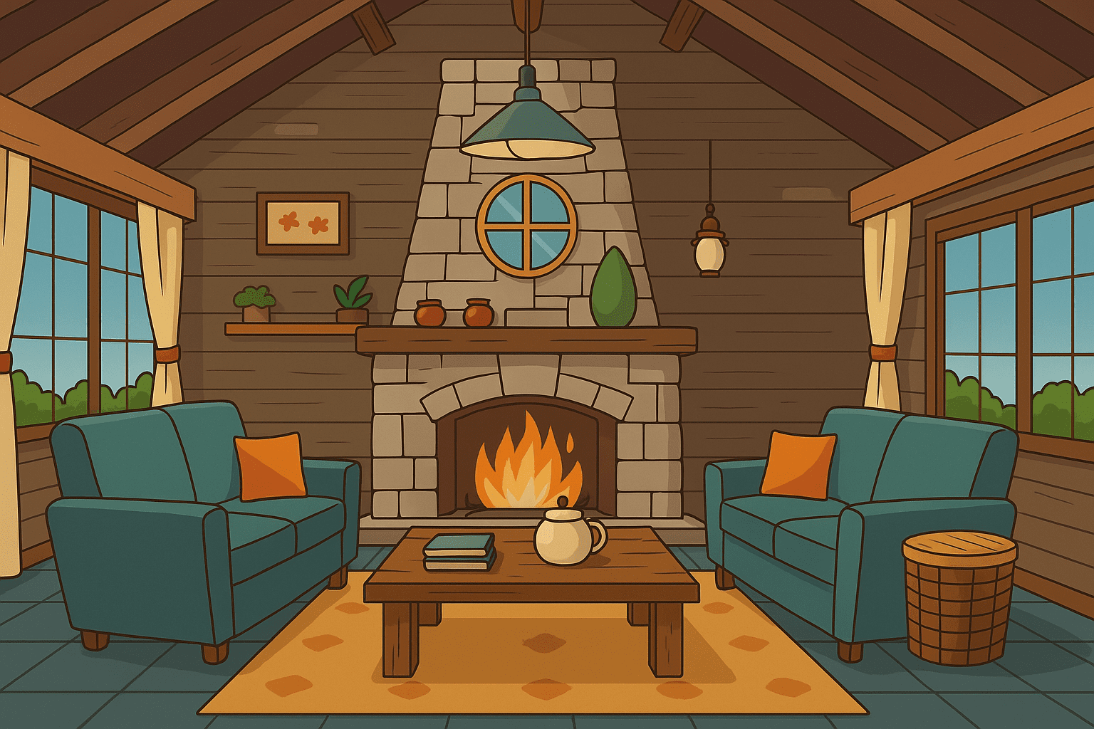 Illustrated cozy cabin living room with stone fireplace, vaulted wood beams, teal sofas, and warm natural light.