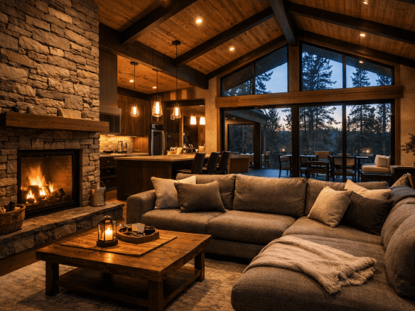 Open concept cabin interior that feels cozy for two but spacious enough for groups, featuring a fireplace, sectional seating, and forest views