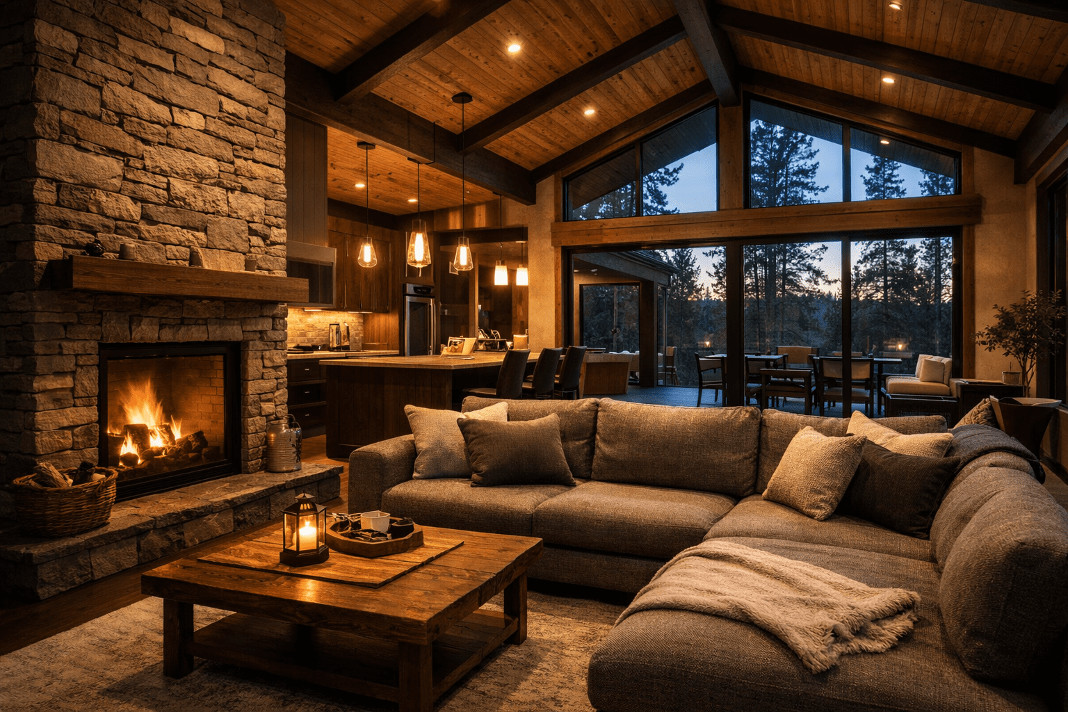 Open concept cabin interior that feels cozy for two but spacious enough for groups, featuring a fireplace, sectional seating, and forest views