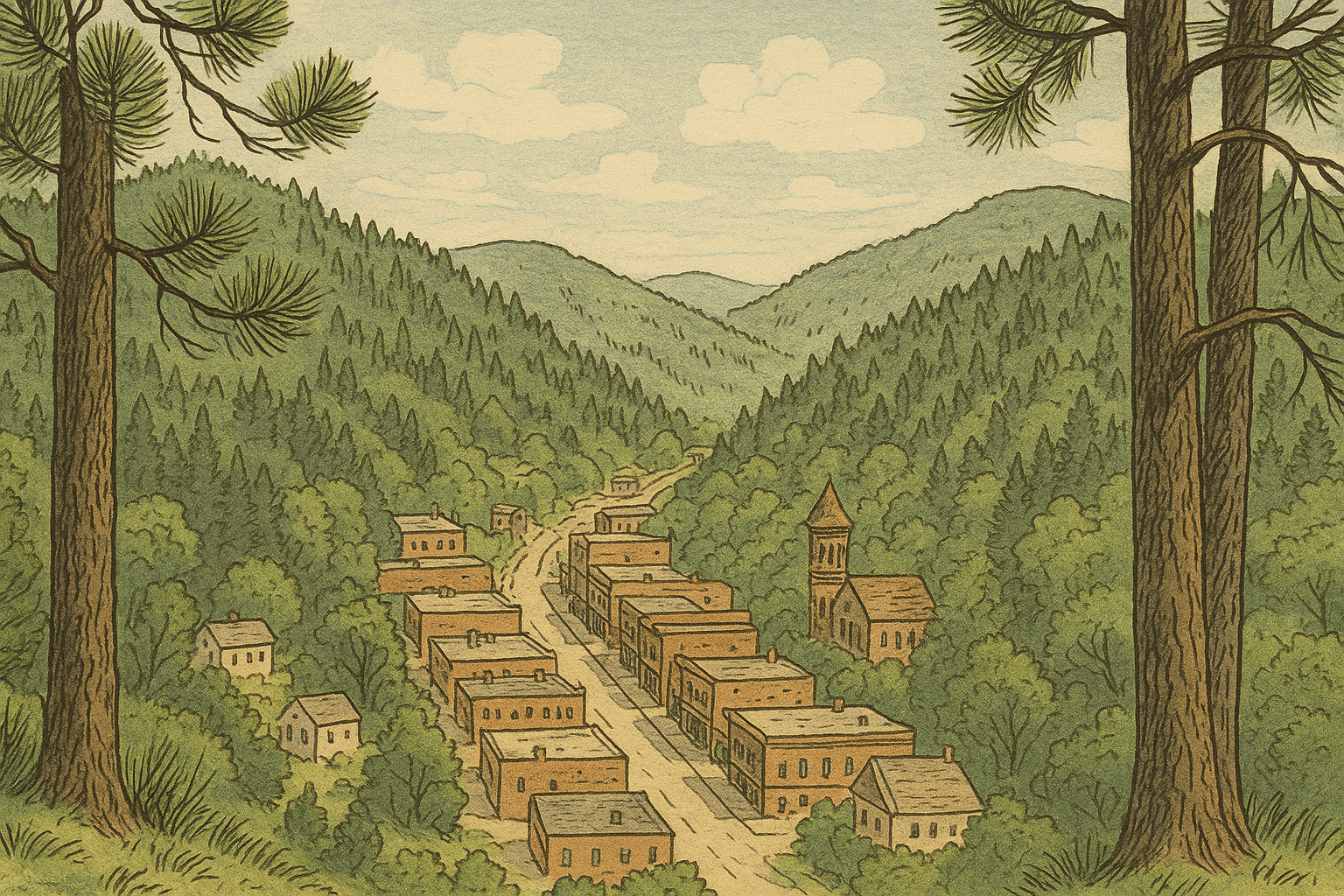Illustrated view from a mountain overlooking Deadwood’s historic main street surrounded by dense Black Hills forest.
