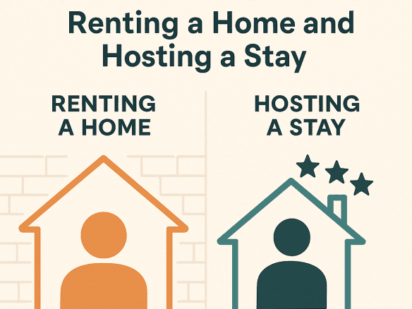 Illustration comparing renting a home versus hosting a stay, featuring two side-by-side house icons representing long-term renting and short-term hosting.