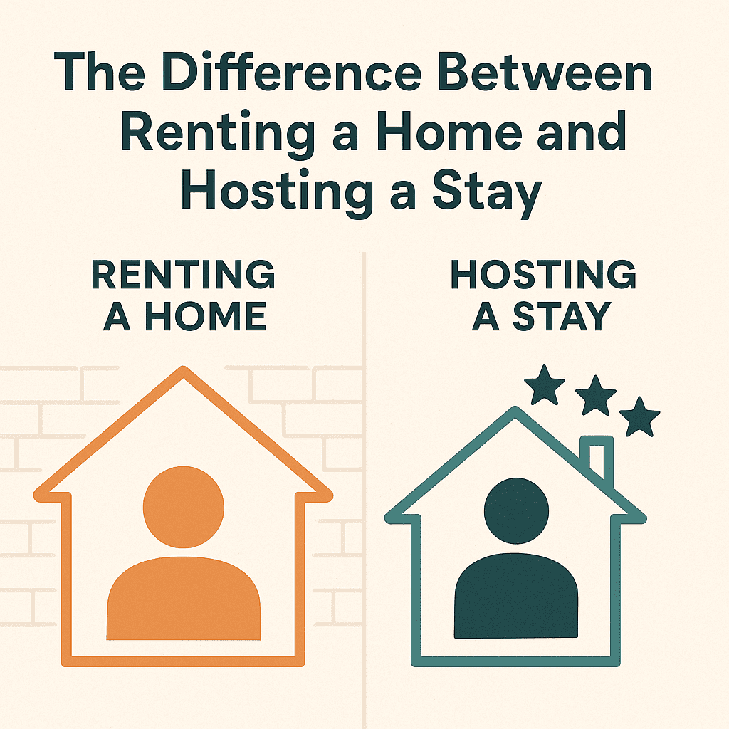 Illustration comparing renting a home versus hosting a stay, featuring two side-by-side house icons representing long-term renting and short-term hosting.