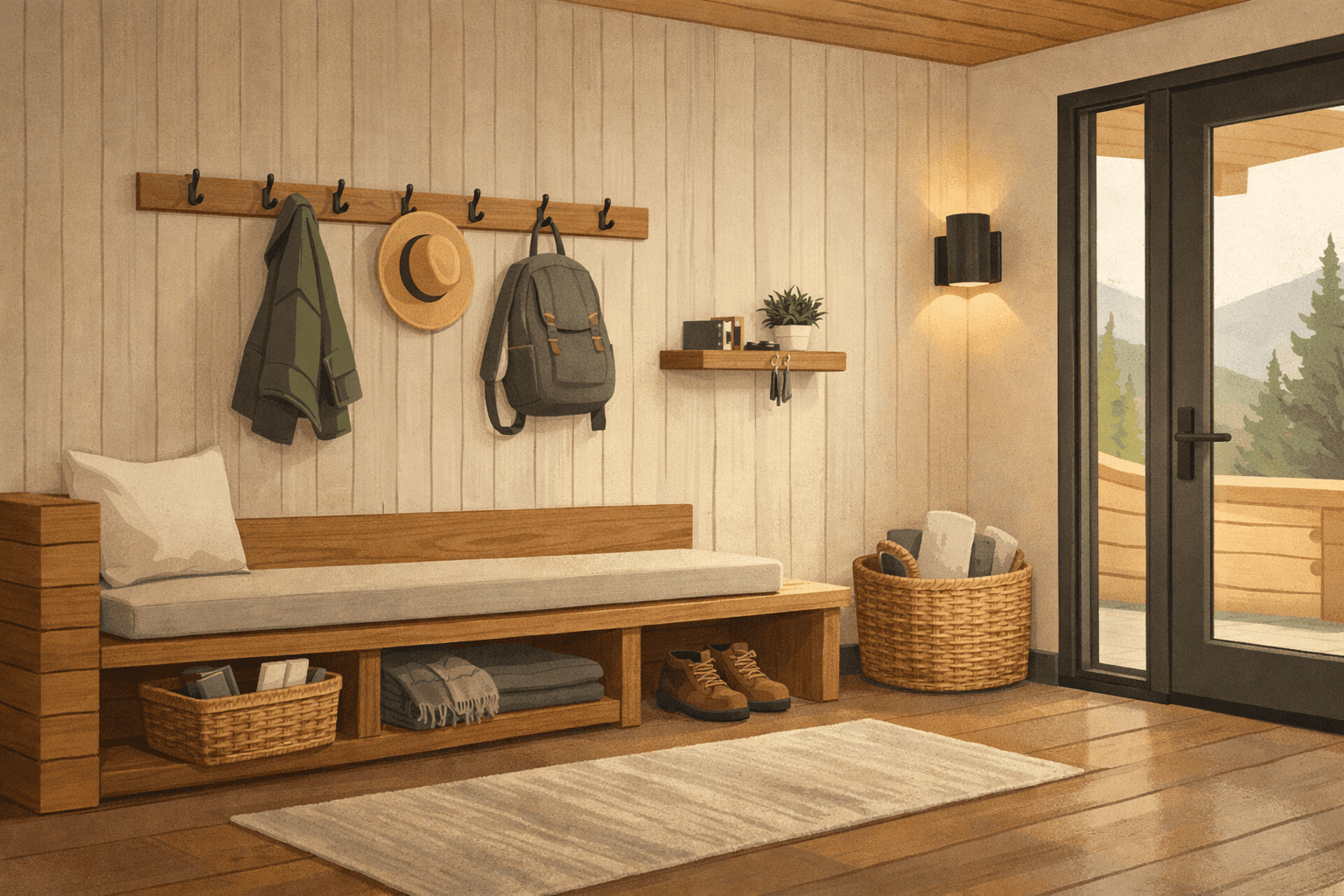 Modern cabin entryway with bench, hooks, and organized storage designed to reduce guest questions