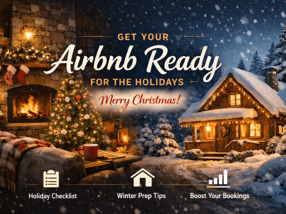 Holiday Airbnb ready cabin decorated for Christmas with cozy interior and snowy winter exterior