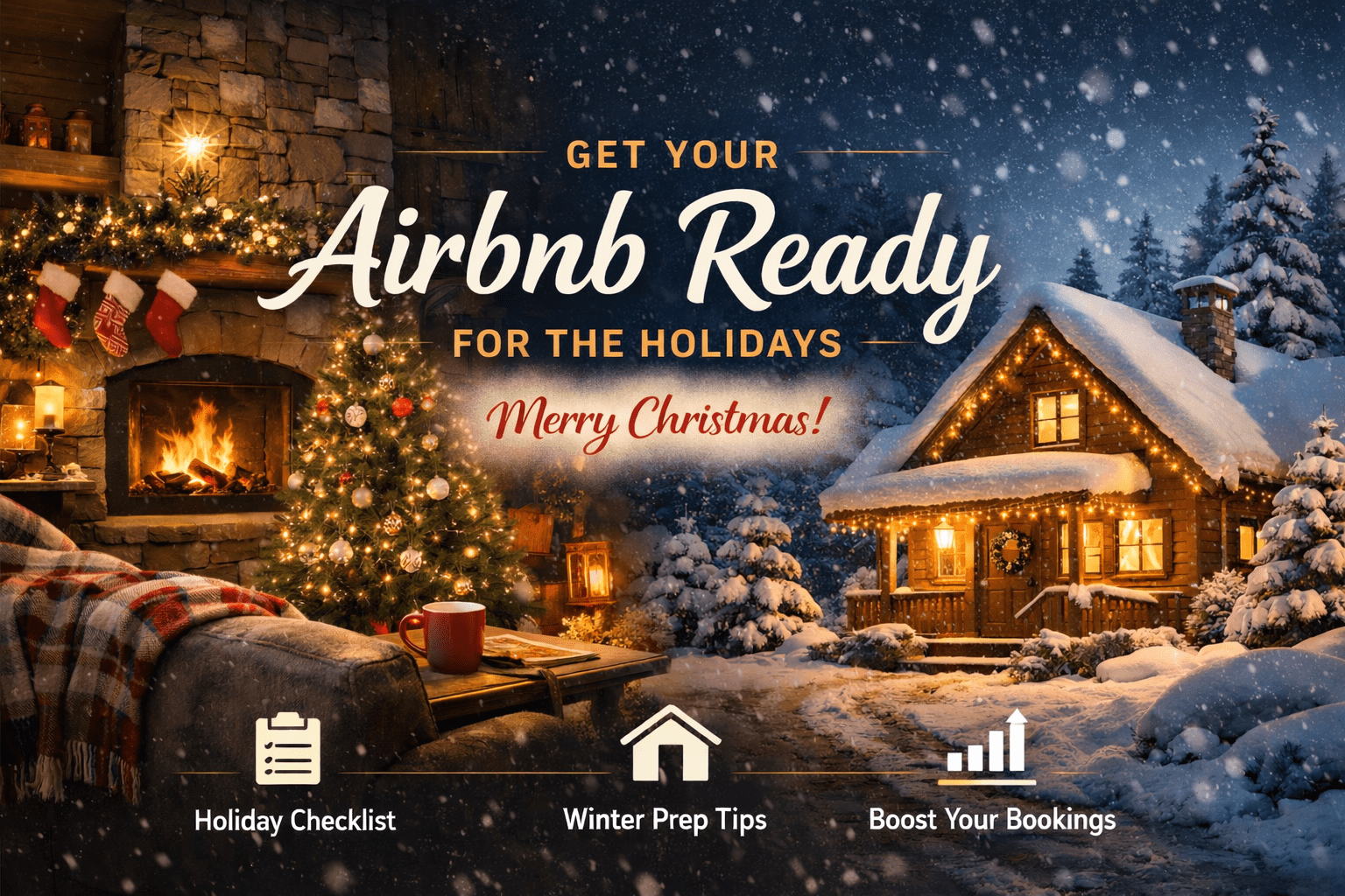 Holiday Airbnb ready cabin decorated for Christmas with cozy interior and snowy winter exterior