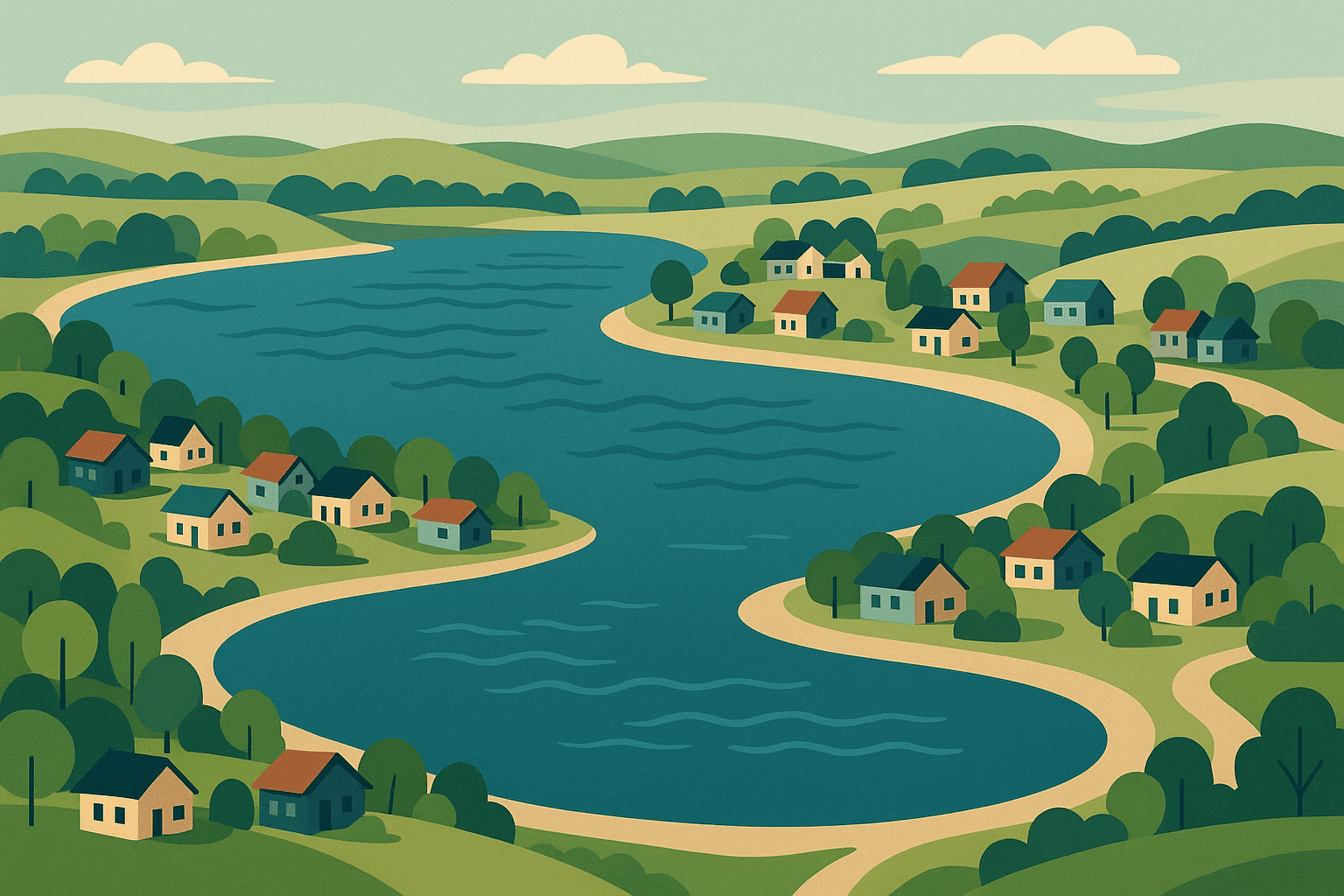Flat-style illustration of two winding lakes with surrounding lake cabins, trees, and rolling hills.