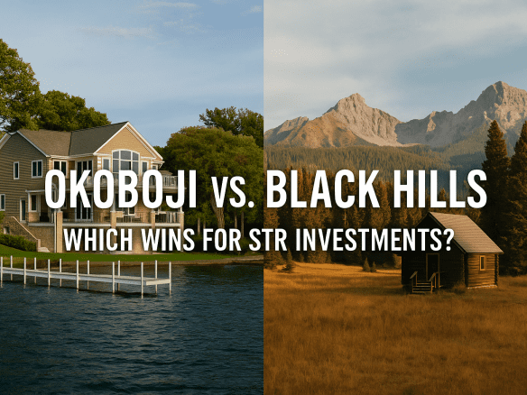 Split hero image showing a lakeside home in Okoboji and a cabin in the Black Hills mountains, used for a short-term rental investment comparison.