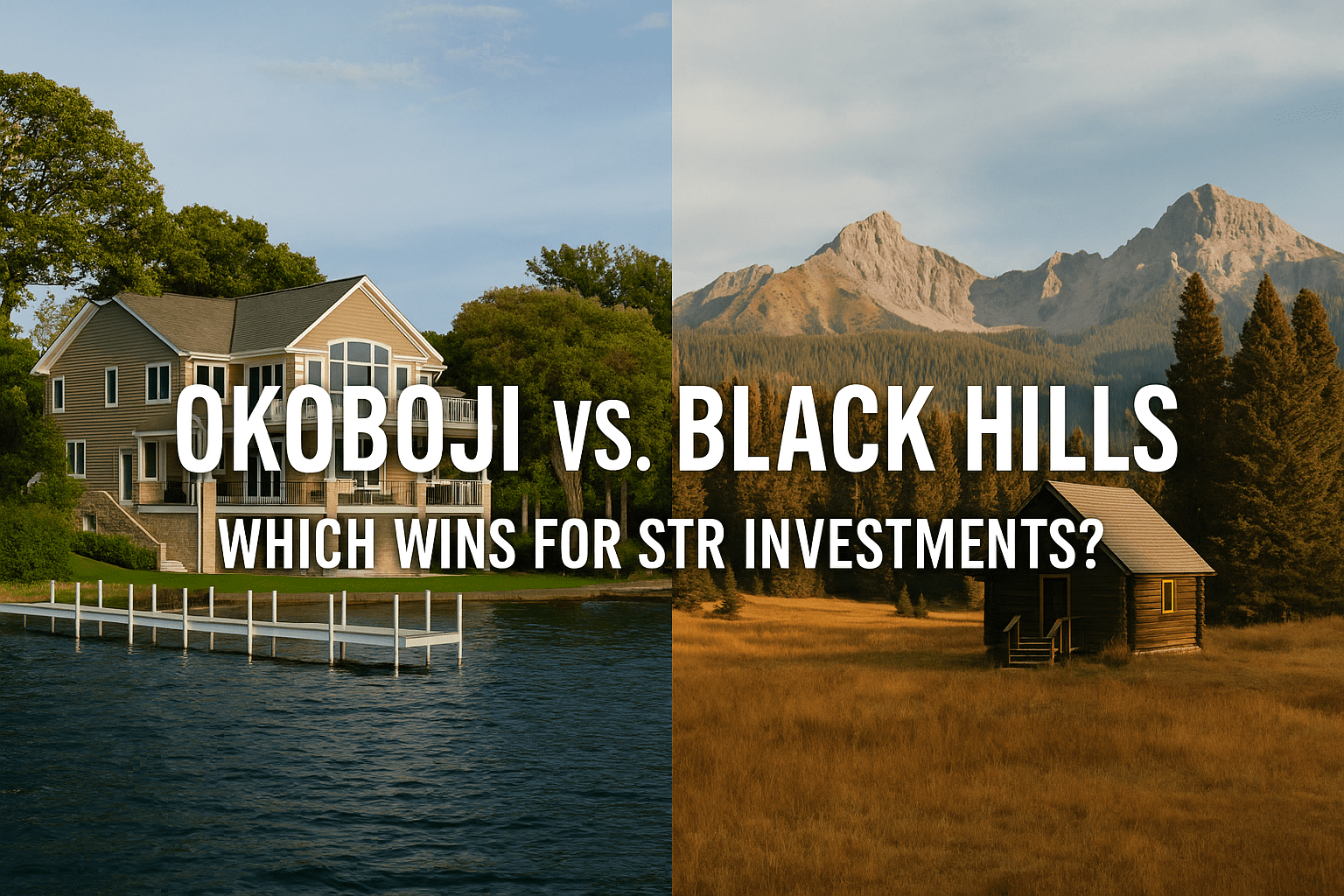 Split hero image showing a lakeside home in Okoboji and a cabin in the Black Hills mountains, used for a short-term rental investment comparison.