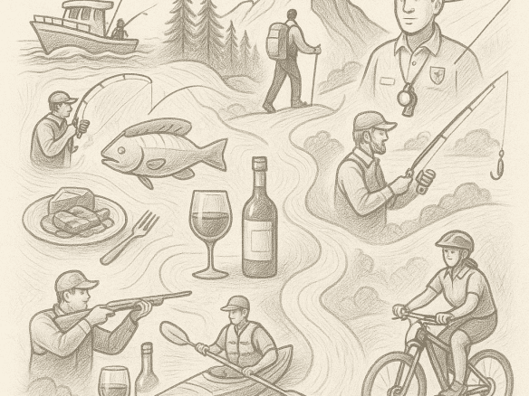 A seamless pencil-drawn illustration showing a collage of outfitter activities, including deep sea fishing, hiking in the mountains, kayaking, biking, hunting, and food and drink tours.