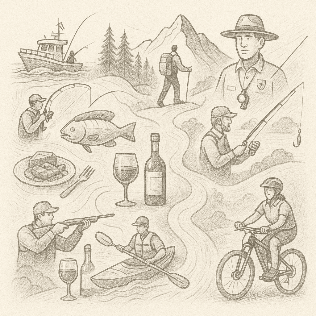 A seamless pencil-drawn illustration showing a collage of outfitter activities, including deep sea fishing, hiking in the mountains, kayaking, biking, hunting, and food and drink tours.