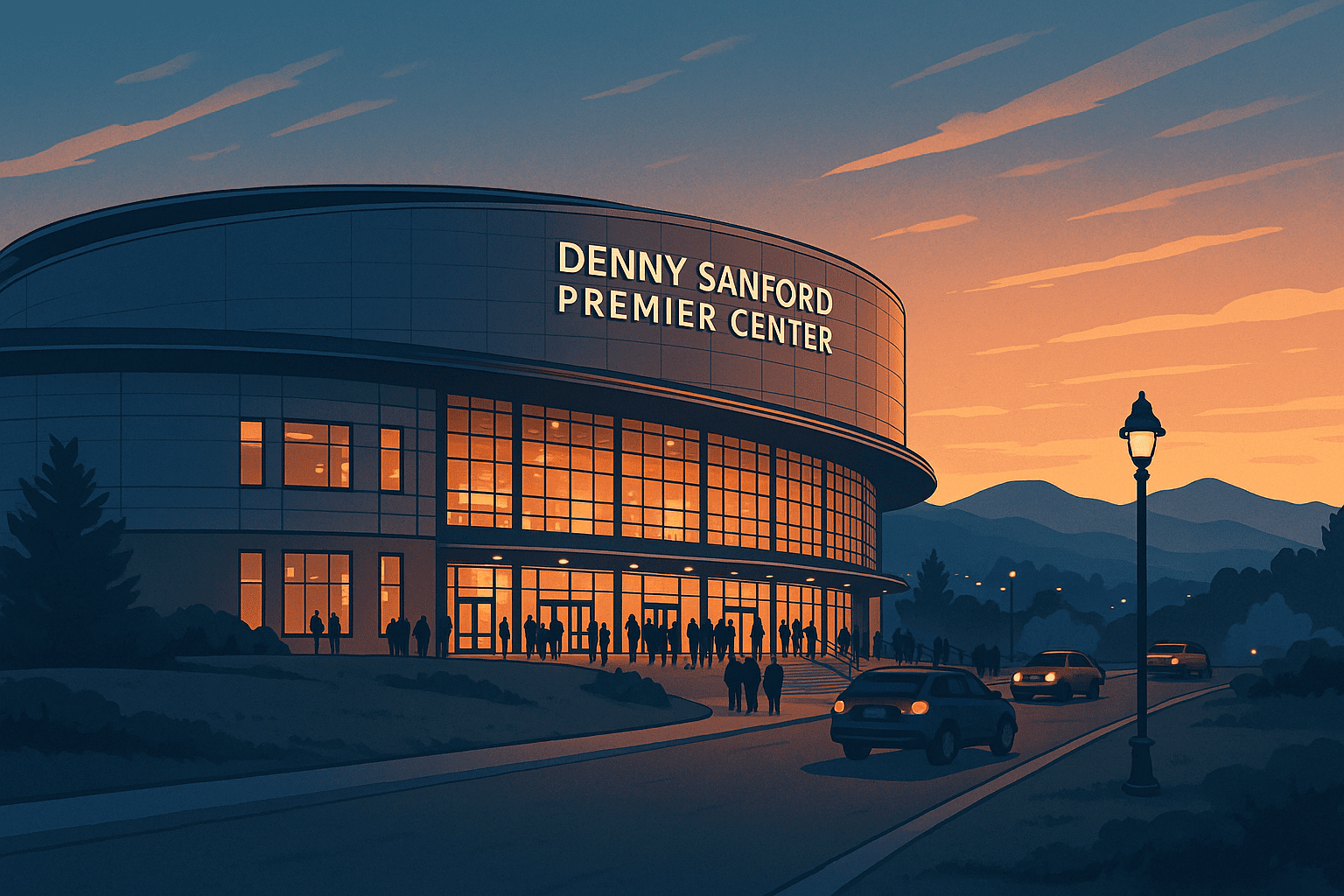 Illustrated dusk view of the Denny Sanford Premier Center in Sioux Falls with warm interior lighting, event attendees, and cars approaching the venue.