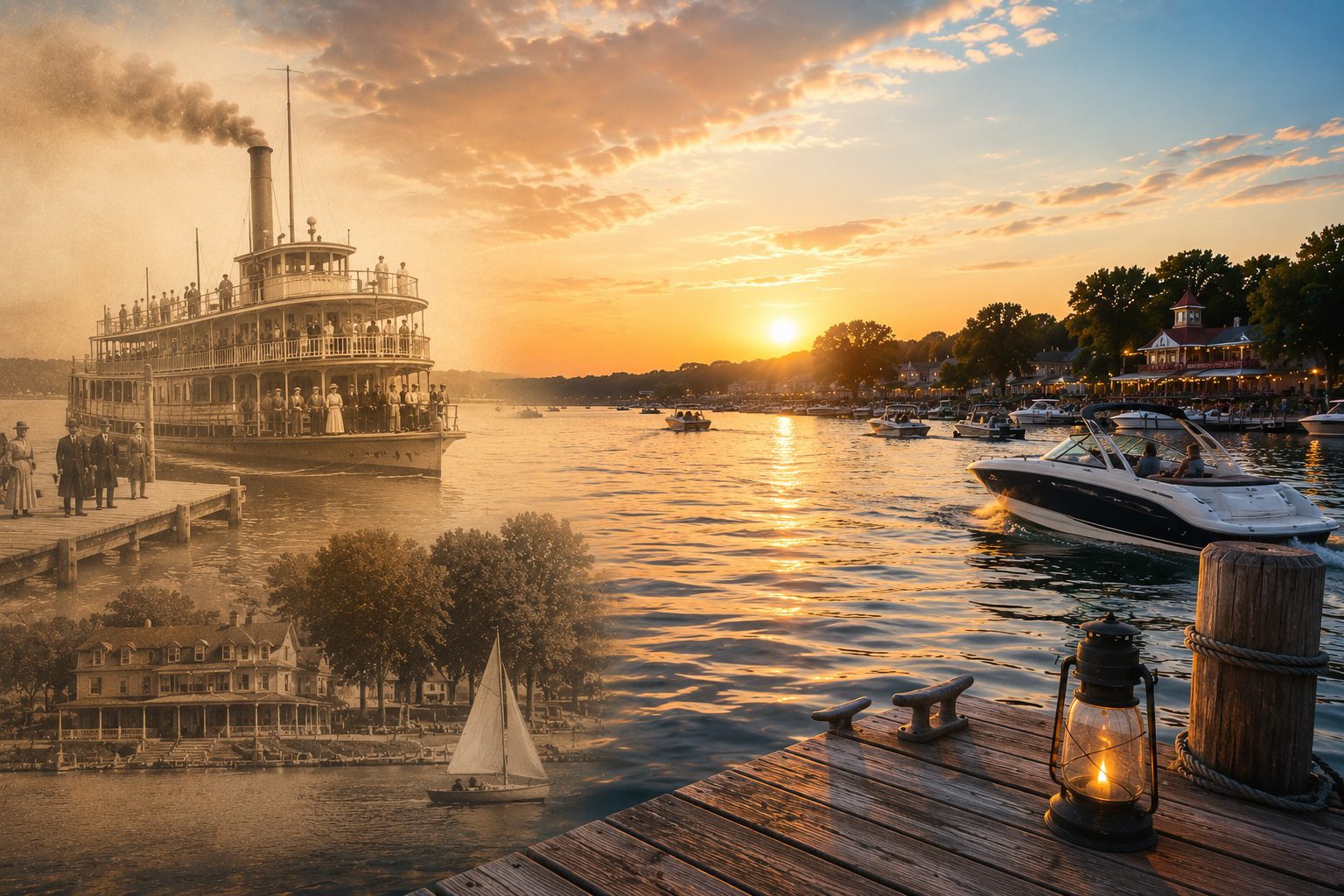Historic steamboat blended with modern boating on the Iowa Great Lakes at sunset