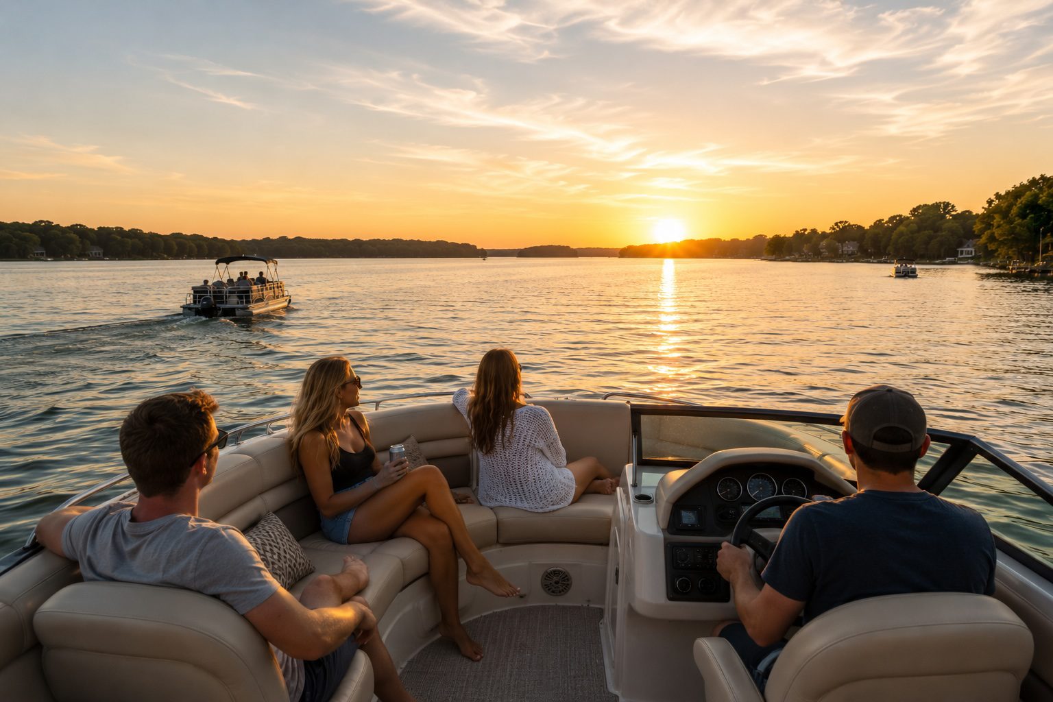 Friends enjoying a sunset boat ride on a lake during a summer evening