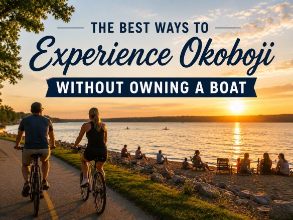 Visitors enjoying the Iowa Great Lakes shoreline and waterfront attractions in Okoboji without a boat