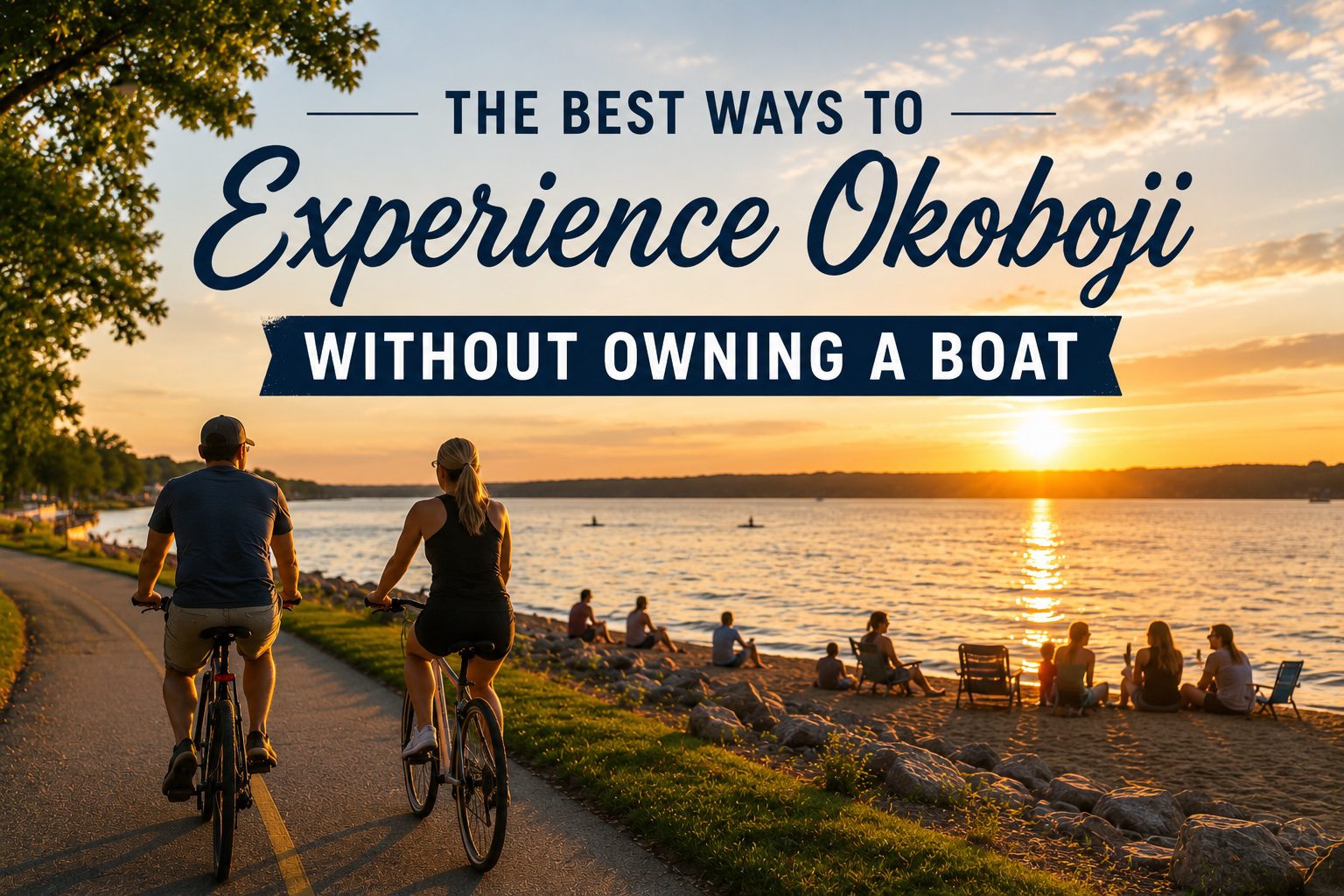 Visitors enjoying the Iowa Great Lakes shoreline and waterfront attractions in Okoboji without a boat