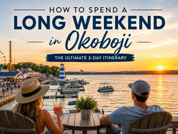 Couple overlooking West Lake Okoboji at sunset near Arnolds Park during a long weekend getaway