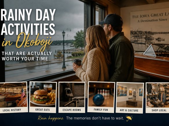 Couple exploring indoor attractions and rainy day activities in Okoboji Iowa