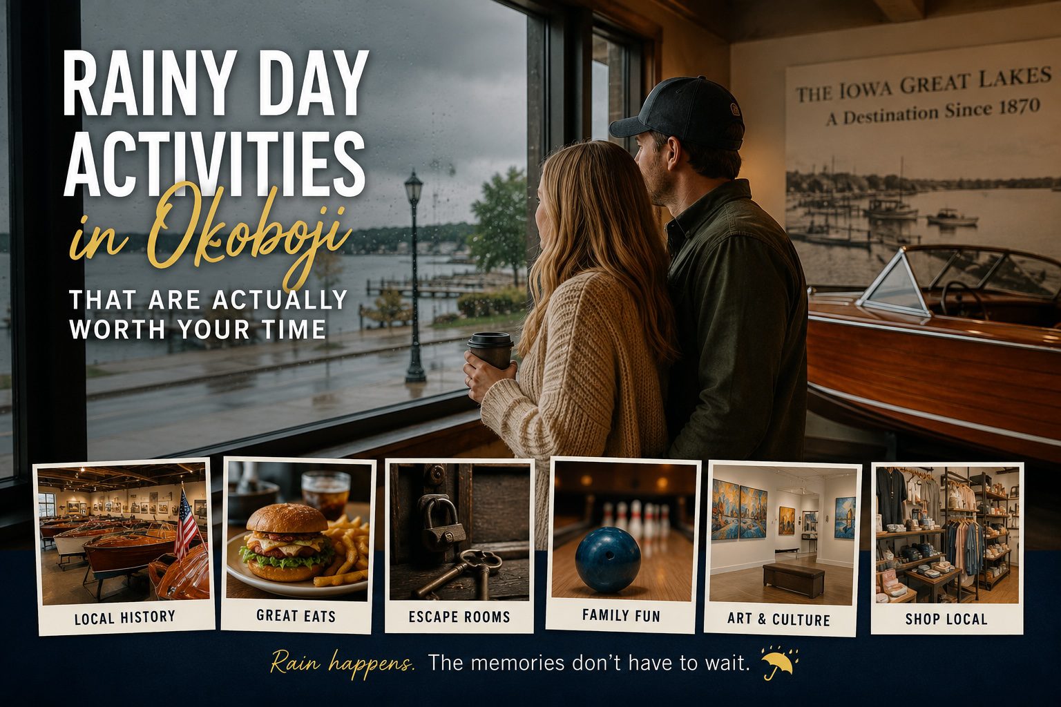 Couple exploring indoor attractions and rainy day activities in Okoboji Iowa