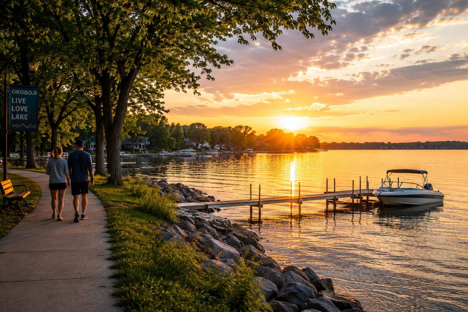 Couple walking along a peaceful lakeside path at sunset near the Iowa Great Lakes