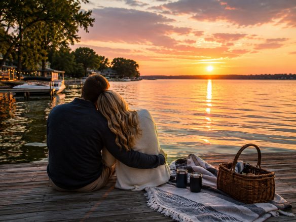 Couple enjoying a romantic sunset on a lakeside dock during an Okoboji getaway