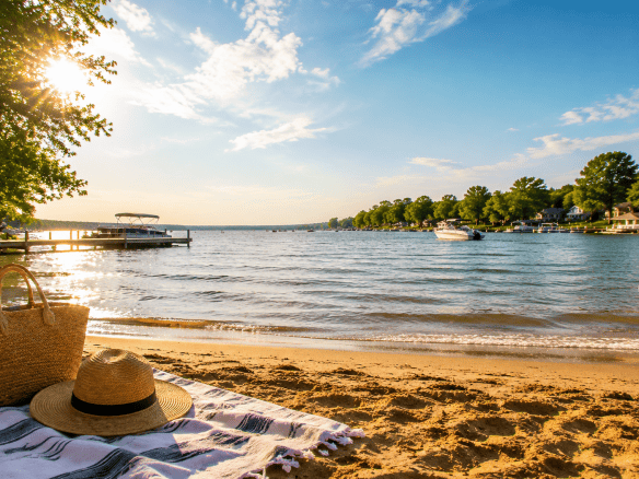 Peaceful sandy beach along the Iowa Great Lakes with boats on the water during a sunny summer afternoon